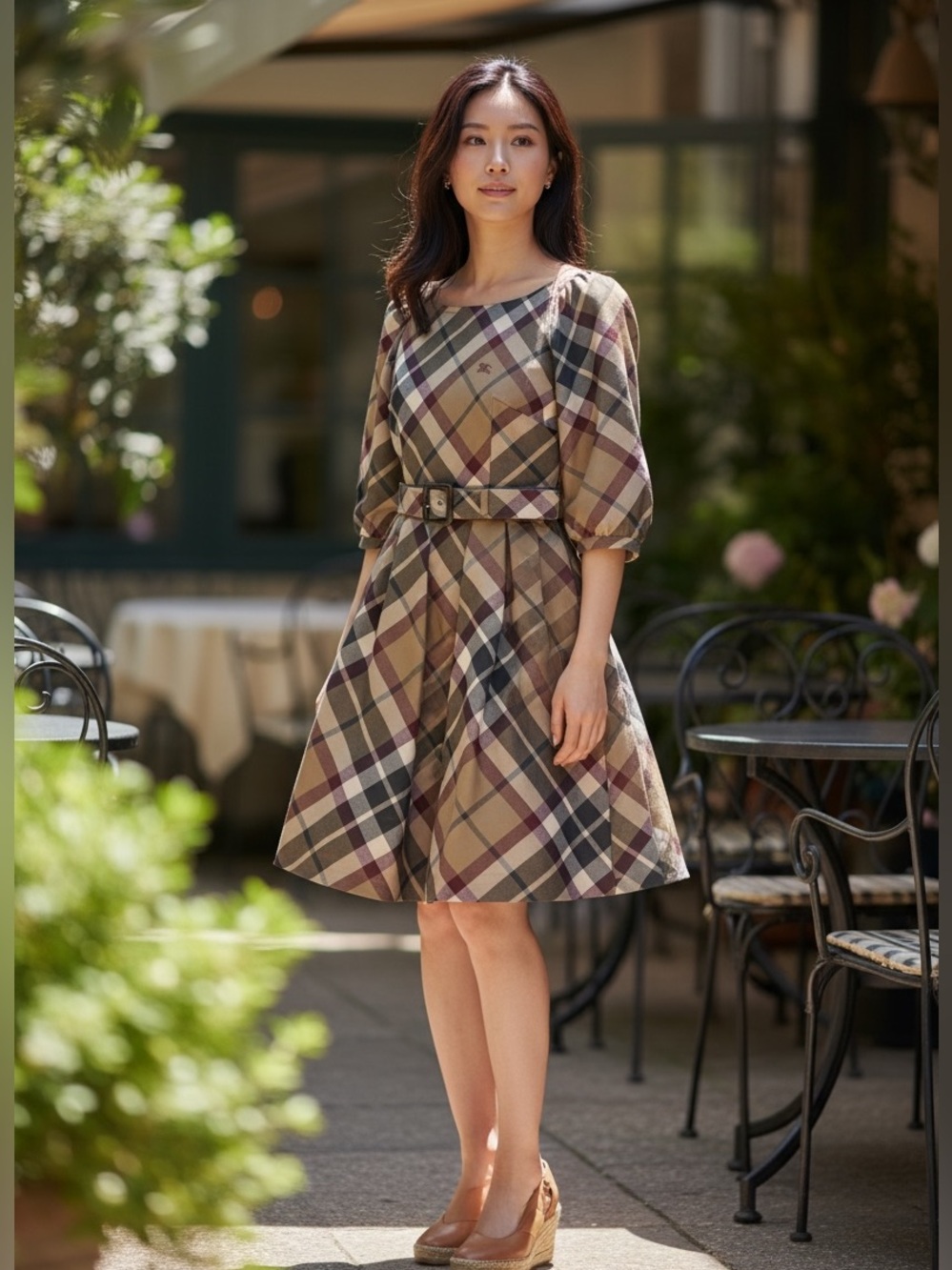 Burberry Blue Label Brown Nova Check Belted Flare Wool Dress